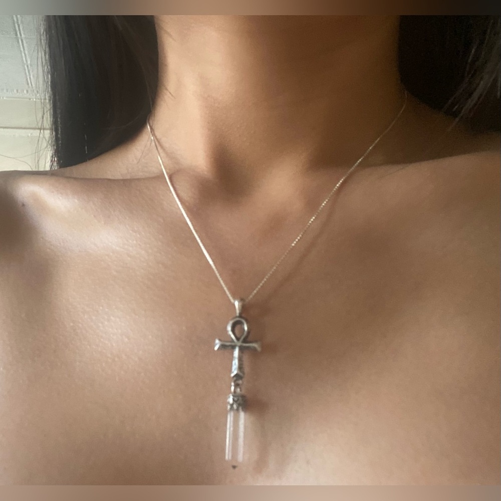Sterling Silver Egyptian Ankh Clear Quartz Crystal Pendant + Silver Chain